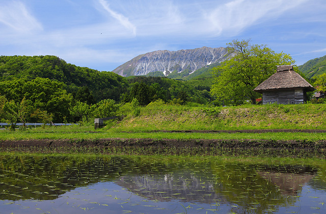 御机地区の茅葺屋根と田植え・みつめ