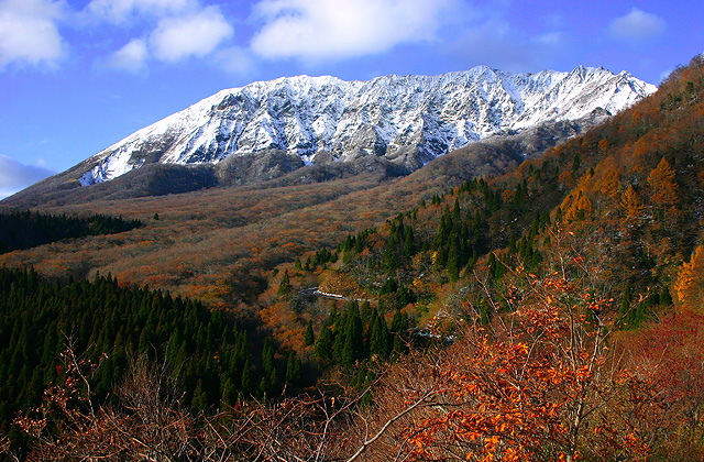 鍵掛峠　冠雪と晩秋の紅葉